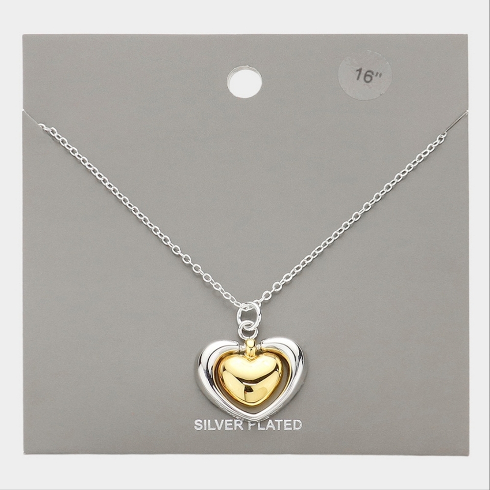 Silver Plated Double Heart Charm Pendant Necklace Two Tone Statement Jewelry